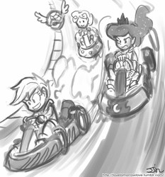 Size: 735x788 | Tagged: safe, artist:johnjoseco, princess luna, scootaloo, sweetie belle, human, g4, blue shell, crossover, grayscale, humanized, koopa shell, mario kart, monochrome, super mario bros.