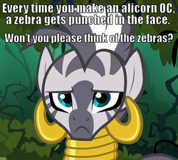 Size: 800x720 | Tagged: safe, zecora, zebra, g4, :c, alicorn oc, caption, everfree forest, female, frown, image macro, lidded eyes, looking at you, mare, meta, public service announcement, punch, sad, text