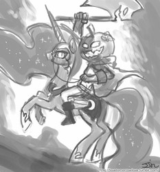Size: 735x788 | Tagged: safe, artist:johnjoseco, nightmare moon, alicorn, pony, g4, axe, butt, crossover, female, grayscale, halloween, holiday, horseless headless horsemann, looking at you, majestic, mare, monochrome, napoleon crossing the alps, plot, rearing, reins, riding, team fortress 2, weapon