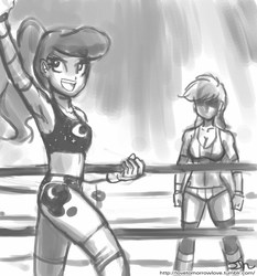 Size: 735x788 | Tagged: safe, artist:johnjoseco, applejack, princess luna, human, g4, cutie mark on human, grayscale, hidden eyes, humanized, monochrome, wrestling