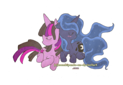 Size: 500x345 | Tagged: dead source, safe, artist:zoombiipanda, princess luna, twilight sparkle, alicorn, pony, unicorn, g4, blushing, duo, ears back, ethereal hair, ethereal mane, ethereal tail, eyes closed, female, lesbian, lying down, mare, missing accessory, prone, race swap, ship:twiluna, shipping, simple background, sparkly mane, sparkly tail, starry mane, starry tail, tail, transparent background, unicorn luna, unicorn twilight, watermark, wingless