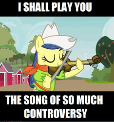 Size: 500x534 | Tagged: safe, edit, edited screencap, screencap, fiddlesticks, apple family reunion, g4, apple family member, fiddle, image macro, musical instrument, raise this barn, song of my people, violin