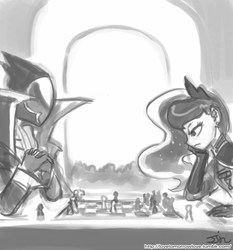 Size: 735x788 | Tagged: safe, artist:johnjoseco, princess luna, human, g4, chess, code geass, crossover, frown, glare, grayscale, humanized, leaning, lelouch vi britannia, monochrome, thinking, zero (code geass)