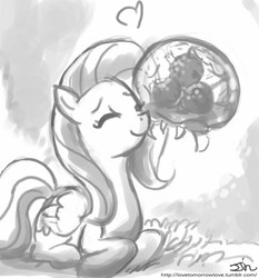 Size: 735x788 | Tagged: safe, artist:johnjoseco, fluttershy, metroid (species), pegasus, pony, g4, crossover, eyes closed, female, grayscale, lying down, mare, metroid, monochrome, nintendo, nuzzling, prone, smiling