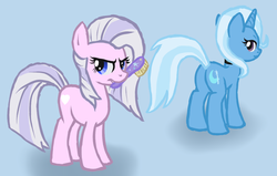 Size: 1170x746 | Tagged: safe, artist:arrkhal, trixie, oc, oc:heartcall, earth pony, pony, unicorn, g4, magic duel, alicorn amulet, brushie, brushie brushie, butt, female, mare, mouth hold, plot