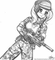 Size: 735x788 | Tagged: safe, artist:johnjoseco, fluttershy, human, g4, assault rifle, breasts, busty fluttershy, female, grayscale, gun, humanized, military, monochrome, no trigger discipline, rifle, suppressor