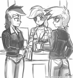 Size: 735x788 | Tagged: safe, artist:johnjoseco, applejack, gilda, rainbow dash, human, g4, bomber jacket, grayscale, humanized, monochrome