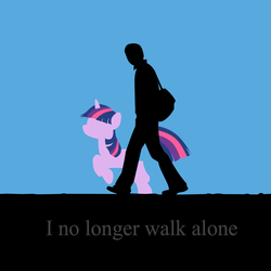 Size: 1280x1280 | Tagged: artist needed, safe, twilight sparkle, human, pony, unicorn, g4, bag, blue background, female, jumping, mare, raised leg, silhouette, simple background, tulpa, unicorn twilight, walking