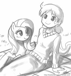 Size: 735x788 | Tagged: safe, artist:johnjoseco, fluttershy, pegasus, pony, g4, crossover, grayscale, izumi sakurai, monochrome, nichijou, sketch