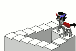 Size: 957x651 | Tagged: safe, king sombra, g4, animated, impossible geometry, m. c. escher, modern art, narg, optical illusion, penrose stairs, stairs, text, that pony sure does love stairs, wat