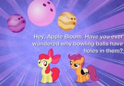Size: 546x379 | Tagged: safe, edit, edited screencap, screencap, apple bloom, scootaloo, earth pony, pegasus, pony, g4, the cutie pox, bag, bowling ball, duo, female, filly, foal, image macro, purple background, simple background, sunburst background