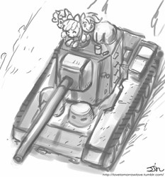Size: 735x788 | Tagged: safe, artist:johnjoseco, apple bloom, scootaloo, sweetie belle, g4, cutie mark crusaders, grayscale, kv-5, monochrome, tank (vehicle)