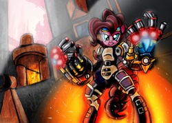 Size: 1400x1000 | Tagged: safe, artist:checkmate-the-pony, pinkie pie, earth pony, semi-anthro, g4, armor, crossover, female, league of legends, power armor, solo, vi