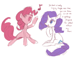 Size: 1280x978 | Tagged: safe, artist:purplekecleon, pinkie pie, rarity, earth pony, pony, unicorn, g4, colored sketch, dialogue, duo, duo female, female, mare, music notes, open mouth, raised hoof, simple background, singing, sitting, sketch, talking, white background