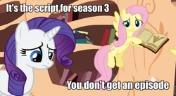 Size: 851x467 | Tagged: safe, edit, edited screencap, screencap, fluttershy, rarity, pegasus, pony, unicorn, g4, magic duel, book, caption, horn, image macro