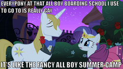 Size: 947x533 | Tagged: safe, edit, edited screencap, screencap, prince blueblood, rarity, unicorn, g4, the best night ever, bowtie, button-up shirt, clothes, dress shirt, duo, duo male and female, female, flower, horn, image macro, lapel, male, rarity's first gala dress, rose, shirt