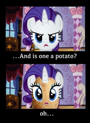 Size: 1450x1971 | Tagged: safe, rarity, pony, unicorn, g4, dialogue, food, food transformation, potato, raritater, solo, transformation, wat