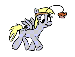 Size: 480x370 | Tagged: safe, artist:dzone16, derpy hooves, pegasus, pony, g4, animated, dumb running ponies, female, headband, mare, muffin, that pony sure does love muffins
