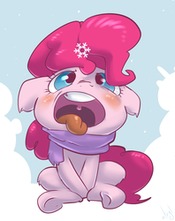 Size: 712x900 | Tagged: safe, artist:atryl, pinkie pie, pony, g4, clothes, cute, diapinkes, female, leg fluff, scarf, sitting, snow, snowfall, snowflake, solo, tongue out, winter