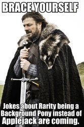 Size: 426x640 | Tagged: safe, applejack, rarity, human, g4, all caps, background pony, background pony applejack, brace yourselves, game of thrones, impact font, irl, meta, photo, sword, text