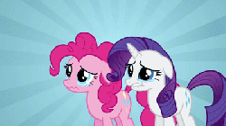 Size: 400x225 | Tagged: safe, screencap, pinkie pie, rarity, g4, putting your hoof down, animated, crying, duo, female, floppy ears, lip bite, nose wrinkle, sad, sunburst background, teary eyes, wavy mouth