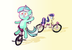 Size: 2635x1838 | Tagged: dead source, safe, artist:danfango, bon bon, lyra heartstrings, sweetie drops, earth pony, pony, unicorn, g4, bicycle, duo, unicycle