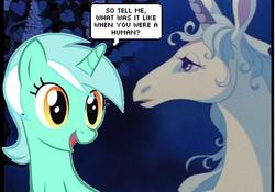 Size: 600x421 | Tagged: safe, lyra heartstrings, classical unicorn, pony, unicorn, g4, amalthea, crossover, female, horn, lady amalthea, leonine tail, mare, spoiler, that pony sure does love humans, the last unicorn, thousand yard stare, unshorn fetlocks