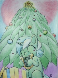 Size: 663x889 | Tagged: safe, artist:dkoshino, lyra heartstrings, pony, unicorn, g4, christmas tree, cute, female, filly, filly lyra, happy, lyre, present, tree, younger