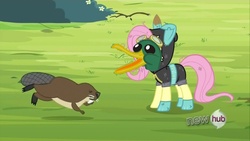 Size: 1067x600 | Tagged: safe, edit, edited screencap, screencap, fluttershy, beaver, duck, g4, magic duel, background pony, bunny ears, clothes, costume, dangerous mission outfit, disguise, flutterduck, goggles, hoodie, op is a duck, op is fluttershy