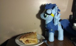 Size: 1024x613 | Tagged: safe, artist:rycndel1337, soarin', g4, clothes, food, irl, photo, pie, plushie, shirt, that pony sure does love pies, wonderbolts dress uniform