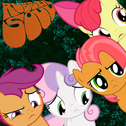 Size: 800x800 | Tagged: safe, artist:deistar, apple bloom, babs seed, scootaloo, sweetie belle, earth pony, pegasus, pony, unicorn, g4, 60s, album cover, cousins, cutie mark crusaders, horn, parody, rubber soul, the beatles, vector