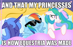 Size: 900x577 | Tagged: safe, artist:equestria-prevails, edit, editor:i-shooped-a-pwny, princess celestia, princess luna, rainbow dash, pegasus, pony, g4, aftersex, bed, caption, dashlestia, double facehoof, facehoof, female, image macro, implied group sex, implied sex, lesbian, mare, morning after, rainbow dash gets all the mares, ruined for marriage, s1 luna, shame, ship:lunadash, shipping, sunglasses, swag, text