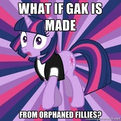 Size: 400x400 | Tagged: safe, twilight sparkle, g4, all caps, caption, conspiracy twilight sparkle, exploitable meme, gak, glue, image macro, impact font, implied death, meme, memegenerator, what if