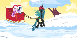 Size: 8000x4000 | Tagged: safe, artist:zakbo1337, princess cadance, queen chrysalis, shining armor, twilight sparkle, alicorn, changeling, changeling queen, pony, unicorn, g4, absurd resolution, female, filly, filly twilight sparkle, horn, male, mare, sleigh, snow, stallion, younger