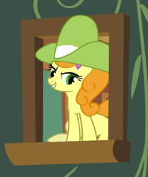 Size: 401x480 | Tagged: safe, screencap, carrot top, golden harvest, pony, g4, over a barrel, cowboy hat, cropped, female, grin, hat, smiling, solo