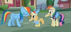 Size: 771x350 | Tagged: safe, screencap, bon bon, noi, rainbow dash, sweetie drops, earth pony, pegasus, pony, g4, the mysterious mare do well, clothes, hat, shirt, wig