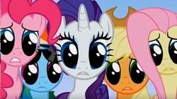 Size: 1152x643 | Tagged: safe, screencap, applejack, fluttershy, pinkie pie, rainbow dash, rarity, earth pony, pegasus, pony, unicorn, g4, lesson zero, season 2, big eyes, cute, dashabetes, diapinkes, frown, gritted teeth, jackabetes, looking down, puppy dog eyes, raribetes, remane five, shyabetes, sunglasses, sunglasses on head, teeth