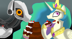 Size: 900x495 | Tagged: safe, artist:gsomv, princess celestia, alicorn, pony, robot, robot pony, g4, black forest cake, cake, cakelestia, crossover, food, glados, ponified, portal, portal (valve), the cake is a lie