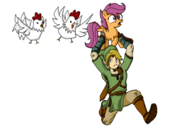 Size: 1600x1200 | Tagged: safe, scootaloo, bird, chicken, pegasus, pony, g4, crossover, cucco, link, nintendo, scootachicken, simple background, the legend of zelda, transparent background