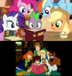 Size: 632x666 | Tagged: safe, applejack, pinkie pie, rainbow dash, rarity, spike, g4, magic duel, book, daphne blake, fred jones, glasses, hub logo, no mouth, no nose, scooby-doo!, shaggy rogers, velma dinkley