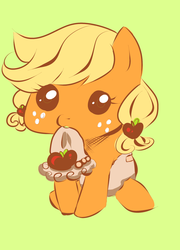Size: 1024x1420 | Tagged: safe, artist:thegreataikosama, applejack, earth pony, pony, g4, baby, baby pony, babyjack, cute, diaper, female, filly, foal, green background, jackabetes, lime background, mouth hold, simple background, solo