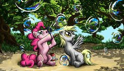 Size: 2000x1142 | Tagged: safe, artist:fign01, derpy hooves, pinkie pie, pegasus, pony, g4, bubble, female, mare