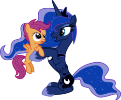 Size: 7161x5891 | Tagged: safe, artist:exe2001, princess luna, scootaloo, alicorn, pegasus, pony, g4, absurd resolution, duo, duo female, female, filly, foal, holding a pony, mare, simple background, transparent background, vector