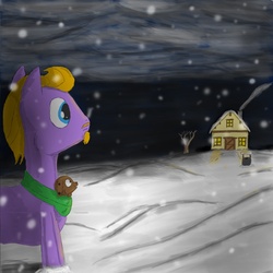 Size: 1062x1063 | Tagged: safe, artist:kageboshi-washu, oc, oc only, oc:purple haze, dog, pony, house, overcast, puppy, snow, snowfall, solo, tumblr