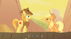 Size: 500x277 | Tagged: safe, screencap, applejack, braeburn, earth pony, pony, g4, over a barrel, angry, cousins, desert, duo, duo male and female, female, hat, male, mare, smug, stallion, youtube caption