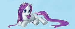 Size: 1704x664 | Tagged: safe, artist:saurabhinator, rarity, pony, unicorn, g4, :t, alternate hairstyle, blushing, cute, female, flower, flower in hair, glare, on side, ribbon, simple background, solo, tail bow, unamused