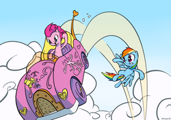 Size: 2500x1750 | Tagged: safe, artist:onsaud, pinkie pie, rainbow dash, earth pony, pegasus, pony, g4, car, cloud, cloudy, driving, flying, pinkie being pinkie