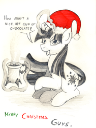 Size: 1891x2500 | Tagged: safe, artist:jamescorck, twilight sparkle, g4, christmas, drink, hat, santa hat