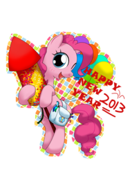 Size: 1500x2000 | Tagged: safe, artist:hoyeechun, pinkie pie, earth pony, pony, g4, 2013, balloon, cute, diapinkes, female, fireworks, happy new year, new year, one eye closed, rocket, solo, wink