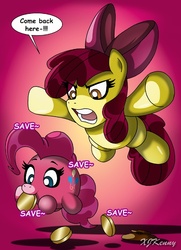 Size: 550x759 | Tagged: safe, artist:xjkenny, apple bloom, pinkie pie, g4, angry, pinkie bank